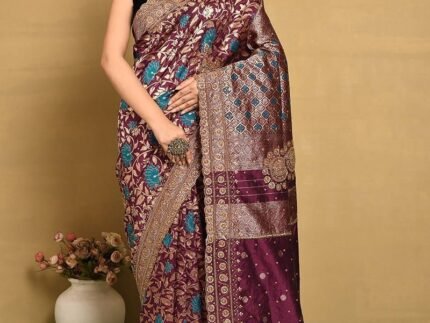 Wine Kancheepuram Silk Hand Embroidered Saree Wedding Wear
