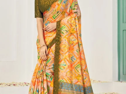 Women Jacquard Zari Woven Orange Digital Print Silk Saree With Blouse Festive Wear
